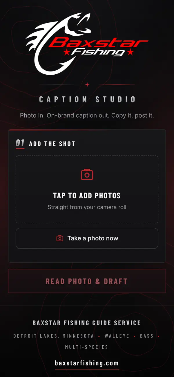 Caption Studio on a phone: Add the shot, Take a photo now, Read photo and draft