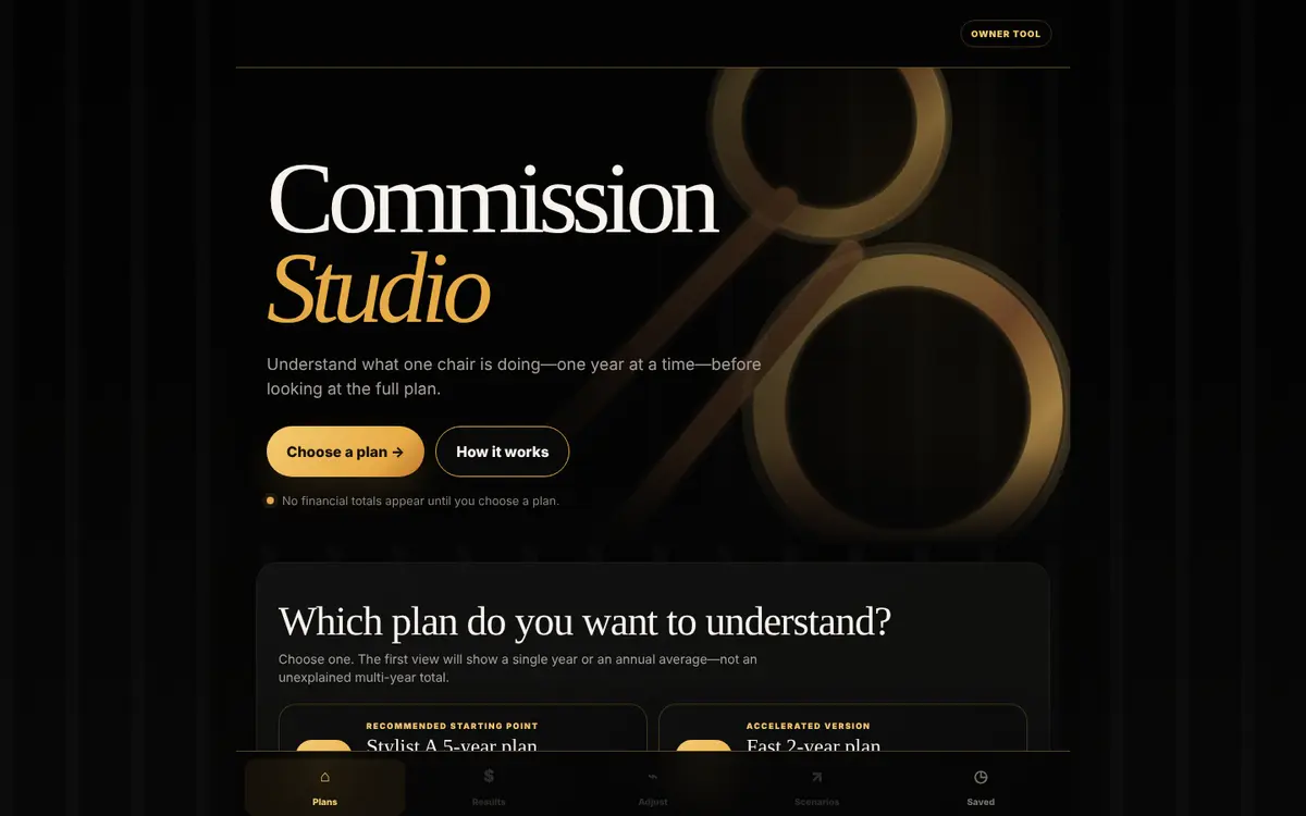 Commission Studio: a dark gold page that asks Which plan do you want to understand? with two commission plans to choose from