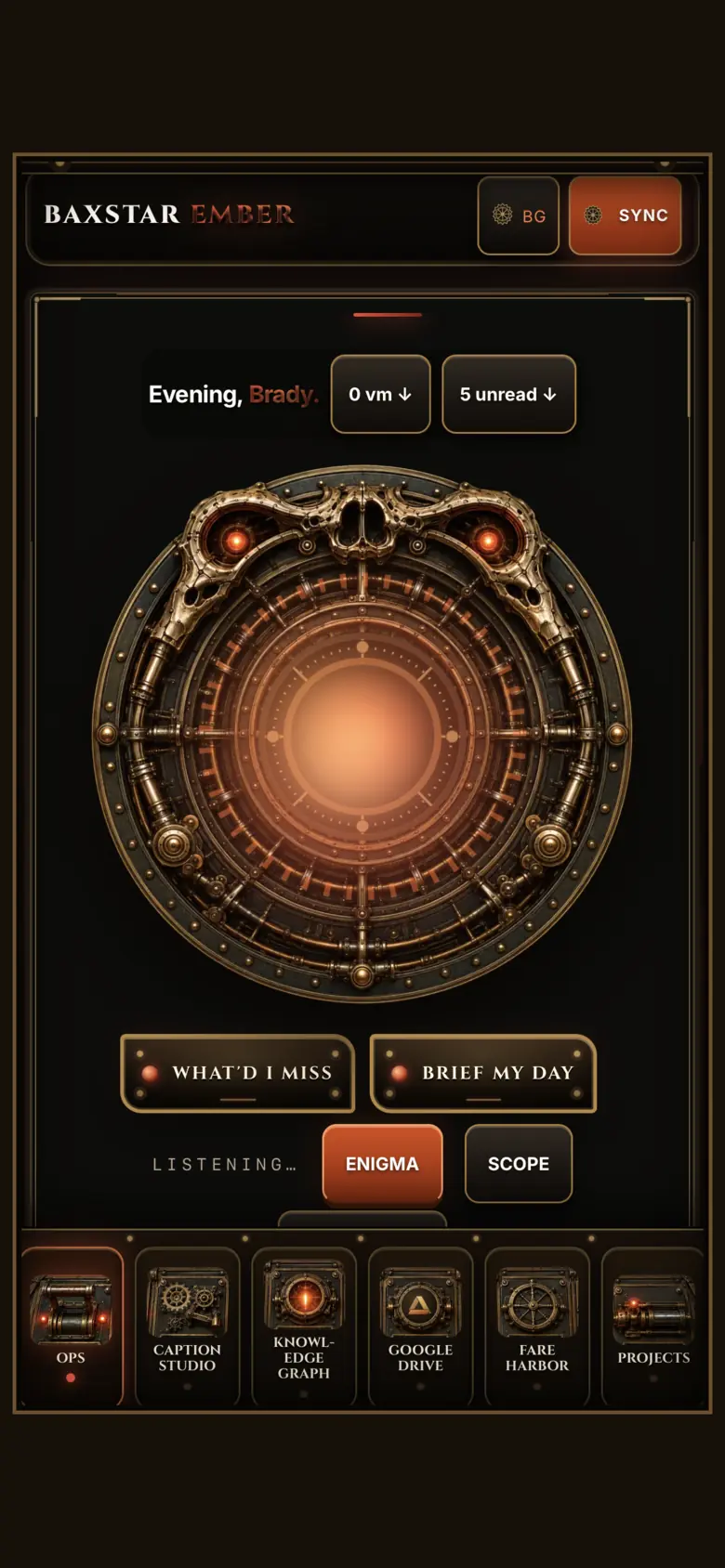 Baxstar Ember on a phone: Evening, Brady, with voicemail and unread counts, a glowing brass dial, What'd I miss and Brief my day buttons, and a dock of six tools