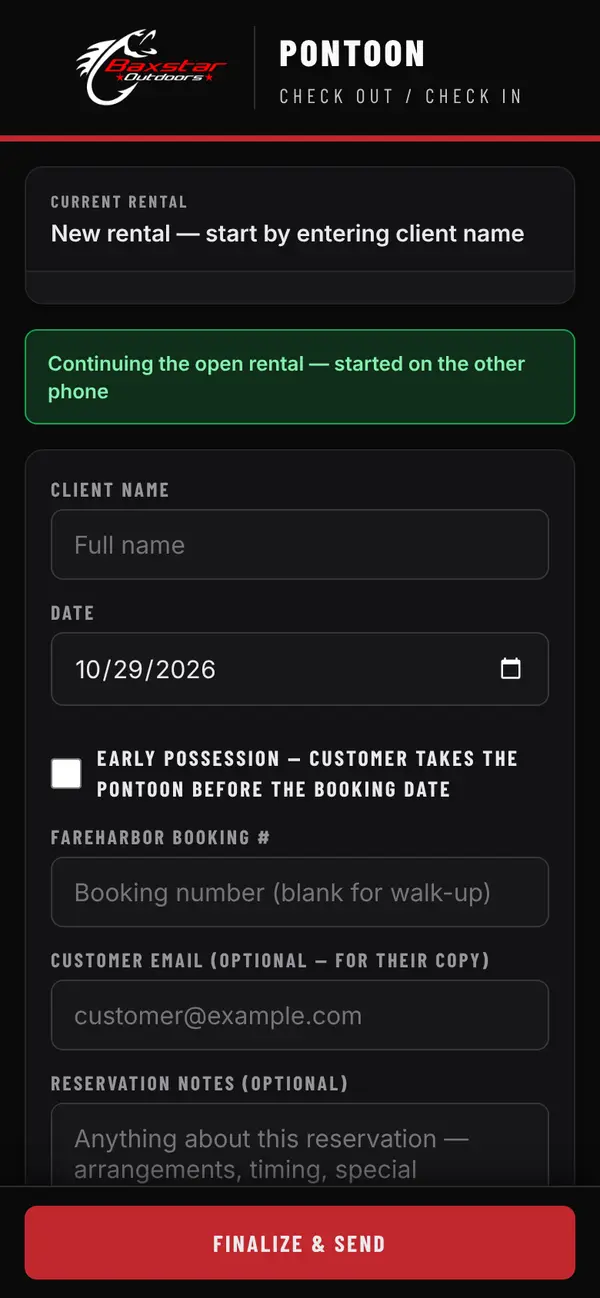 Pontoon Check Out / Check In on a phone: client name, date, FareHarbor booking number, and a Finalize and send button
