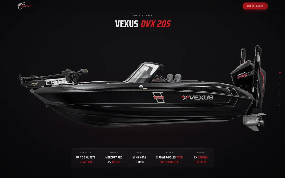 The boat.baxstarfishing.com hero: the Vexus DVX 20S in profile with its spec strip