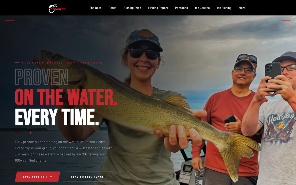 The baxstarfishing.com homepage: Proven on the water. Every time. over a dark hero