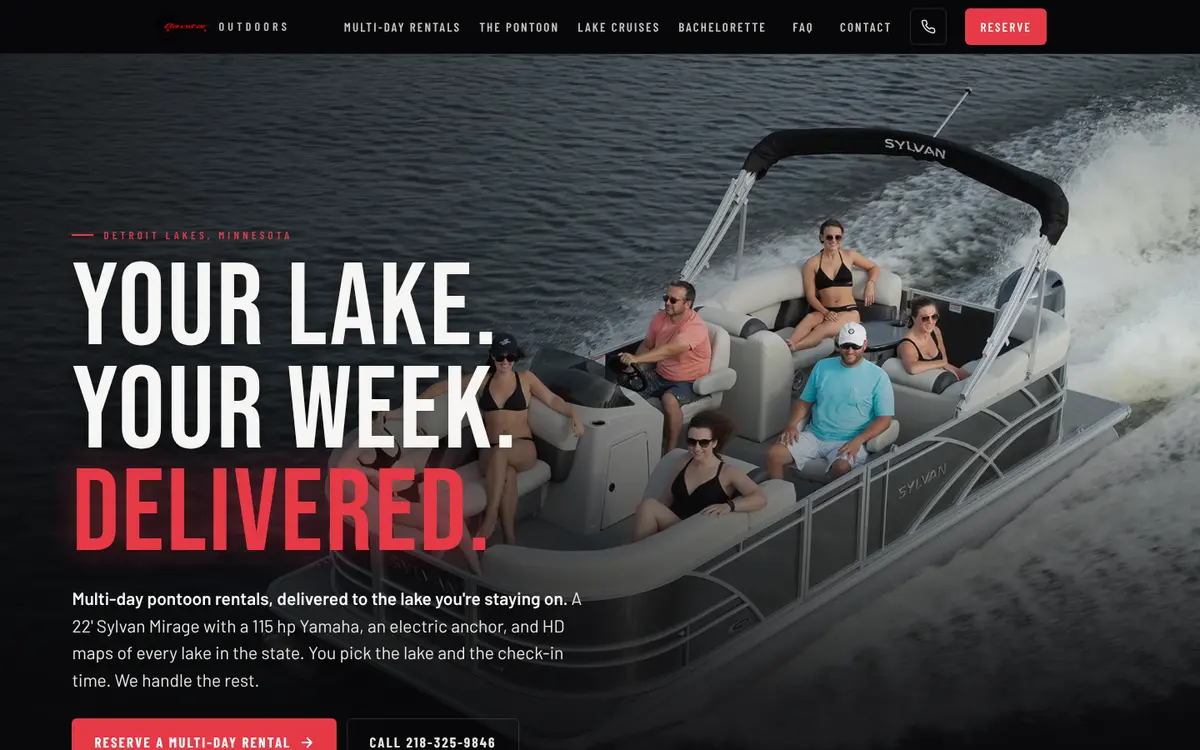 The baxstaroutdoors.com homepage: a pontoon full of guests under Your lake. Your week. Delivered.