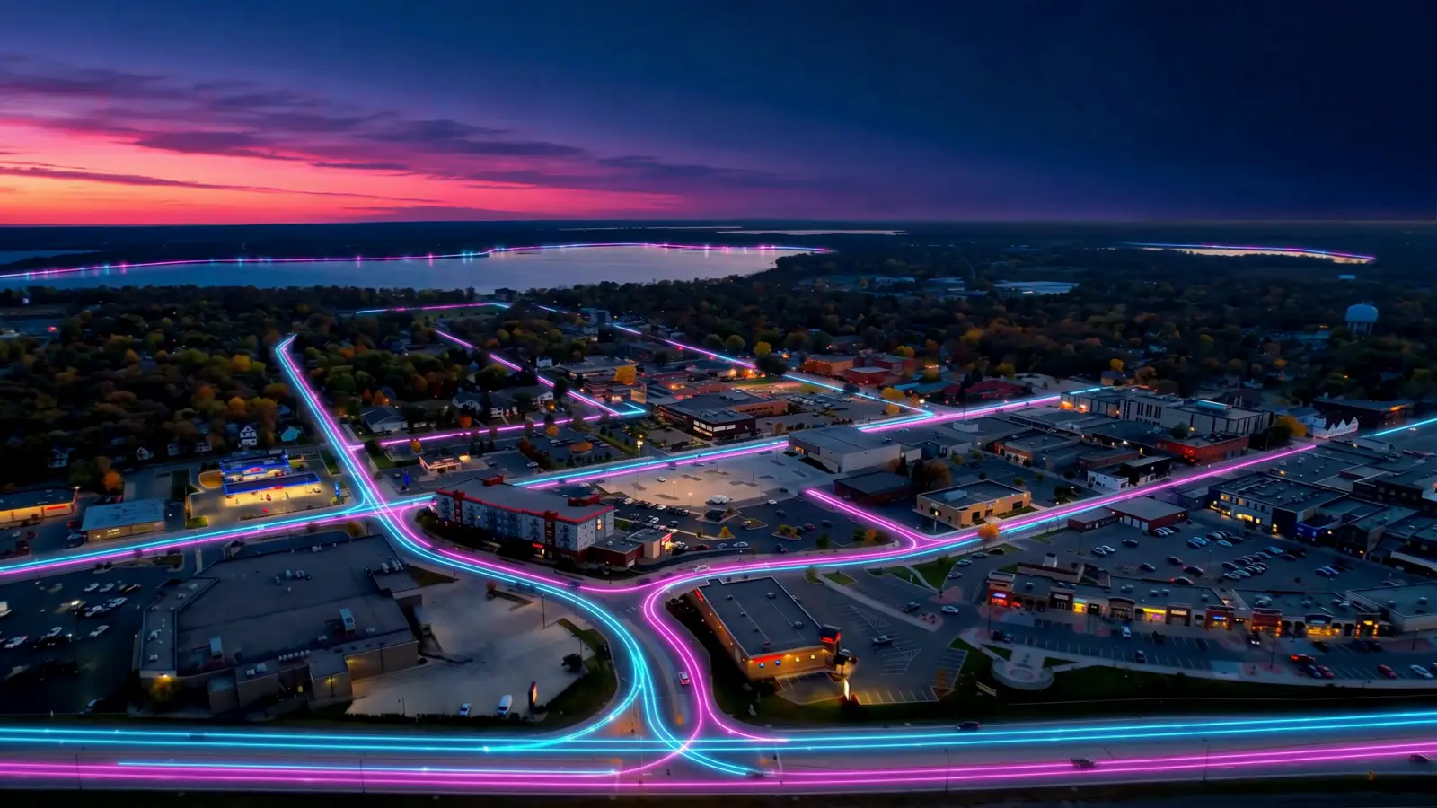 Detroit Lakes at dusk, with AI-rendered ribbons of light following the streets