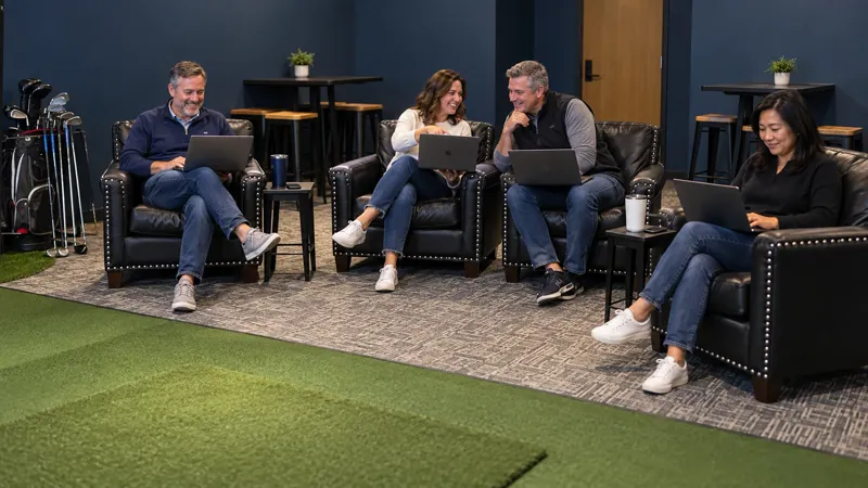 AI-directed scene showing people in the Lakes Golf Simulator lounge